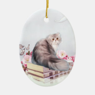 Ornement Ovale En Céramique Chat persan et livres