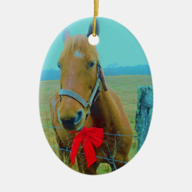 Ornement Ovale En Céramique Cheval de Noël rétro (Devant)