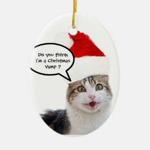 ORNEMENT OVALE EN CÉRAMIQUE CHRISTMAS CHAT AVEC CASQUETTE SANTA CLAUS