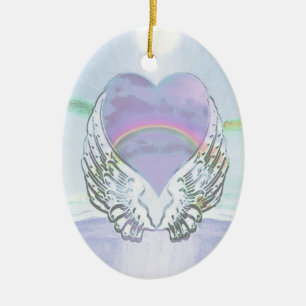 Ornement Ovale En Céramique Coeur, ailes d'ange et océan
