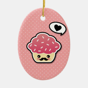 Ornement Ovale En Céramique Cupcake rose Kawaii avec Moustache