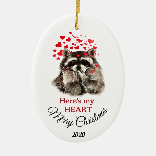 Ornement Ovale En Céramique Custom Dated Christmas Raccoon Voici mon coeur (Devant)
