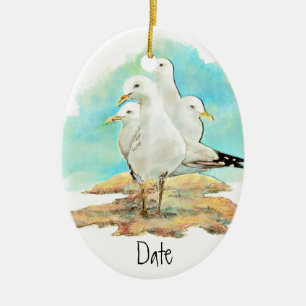 Ornement Ovale En Céramique Daté, Aquarelle Mouette, Plage, Rive, Oiseau