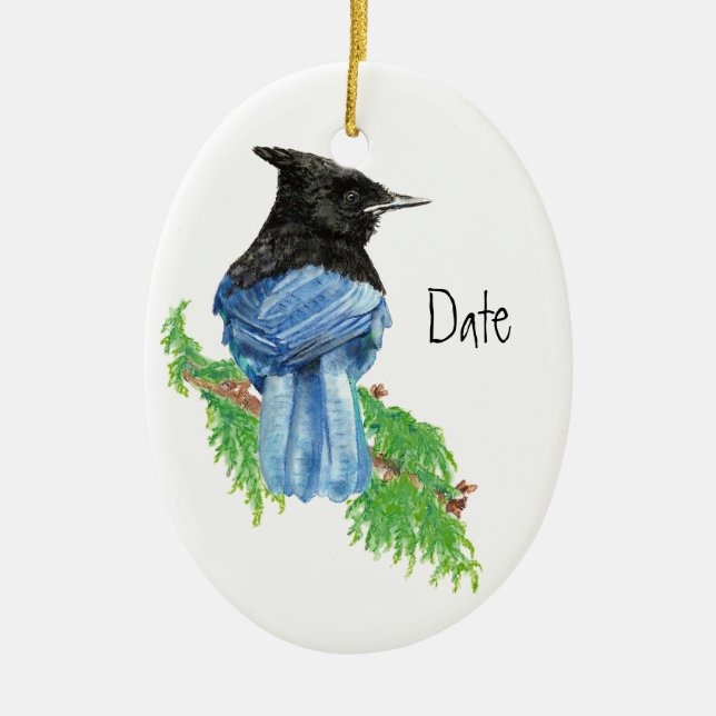 Ornement Ovale En Céramique Daté, Personnalisé, Jay stellaire, Oiseau, Nature (Devant)