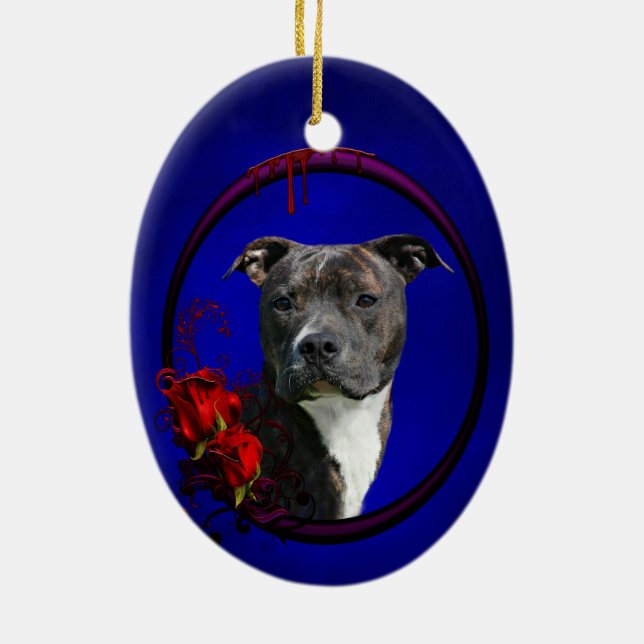 Ornement Ovale En Céramique Des roses Pitbull et sanglants (Dos)