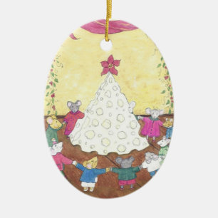 Ornement Ovale En Céramique Des souris autour d'un arbre de Noël au fromage