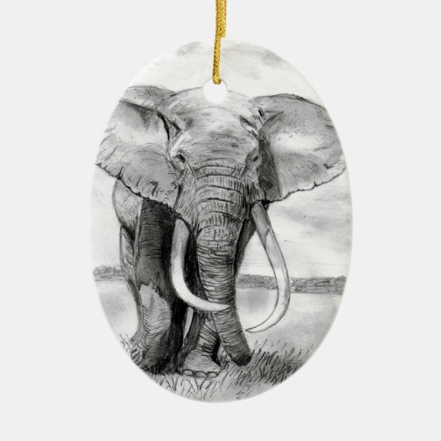 Ornement Ovale En Céramique dessin d'éléphant africain dans la conception de (Devant)