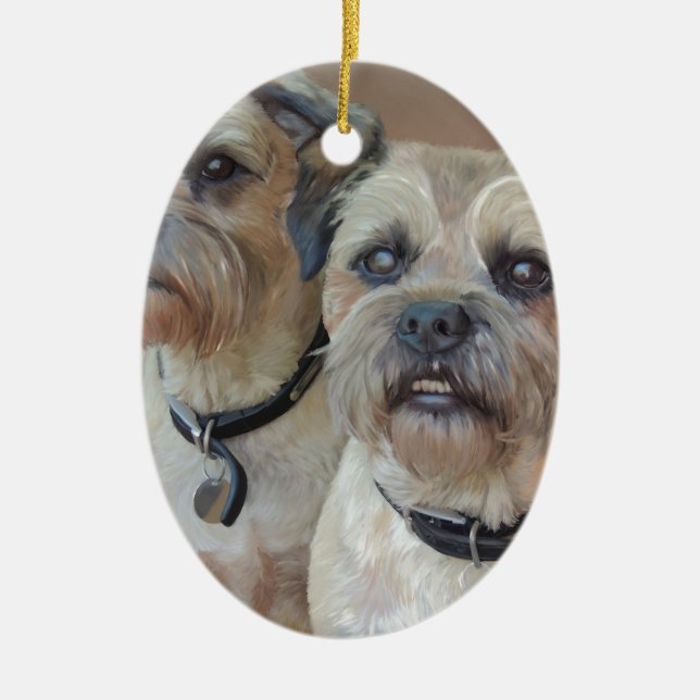 Ornement Ovale En Céramique Deux terriers de frontière (Devant)