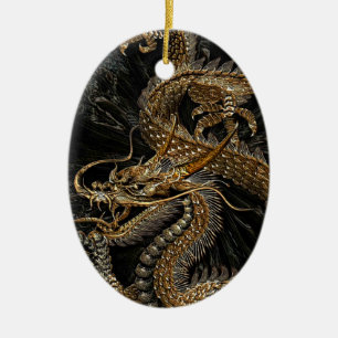 Ornement Ovale En Céramique Dragon chinois dans le brun texturisé