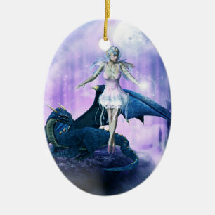 Ornement Ovale En Céramique Dragon Et Fée