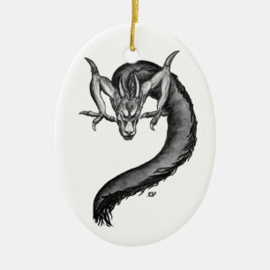 Ornement Ovale En Céramique Dragon noir et blanc