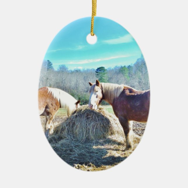 Ornement Ovale En Céramique Ébauche secourue Chevaux mangeant foin (Devant)