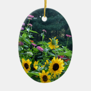 Ornement Ovale En Céramique Elégant jardin fleuri tournesols zinnias marguerit