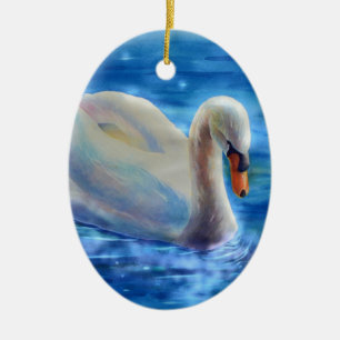 Ornement Ovale En Céramique Elégante peinture d'aquarelle de cygne blanc