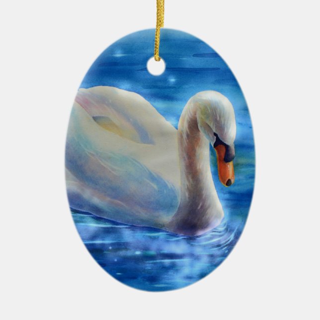 Ornement Ovale En Céramique Elégante peinture d'aquarelle de cygne blanc (Devant)