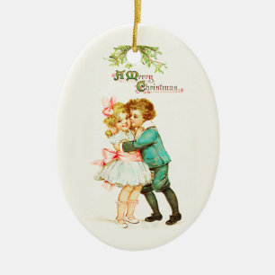 Ornement Ovale En Céramique Enfants De Moins De Mistletoe Vintage Noël