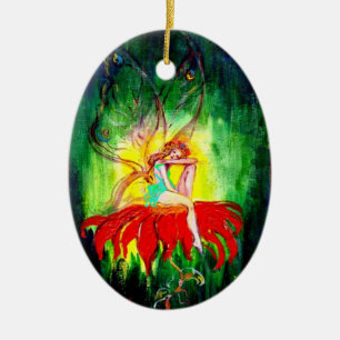 ORNEMENT OVALE EN CÉRAMIQUE FAIRY RÊVER SUR UNE FLEURS ROUGE, RUBY VIBRANT