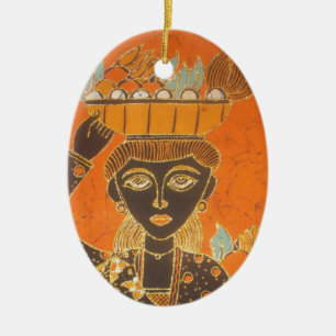 Ornement Ovale En Céramique Femme africaine portant panier d'art