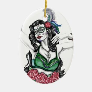 Ornement Ovale En Céramique Femme crâne de sucre avec Rose
