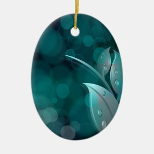 Ornement Ovale En Céramique Feuilles turquoise Bokeh