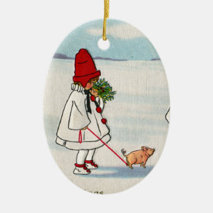 Ornement Ovale En Céramique Fille avec un porc sur Noël de cru de laisse