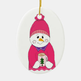 Ornement Ovale En Céramique Fille Snowman en Toque Rose