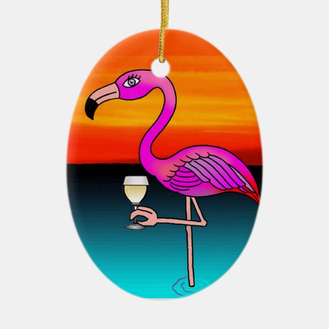 Ornement Ovale En Céramique Flamant rose à vin rose customisé (Devant)