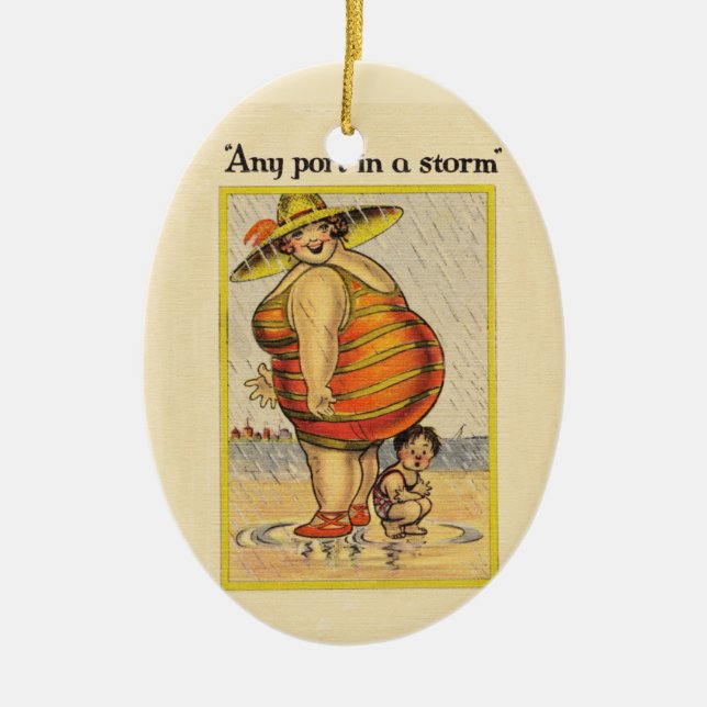 Ornement Ovale En Céramique Funny Fat Lady sur la plage (Devant)