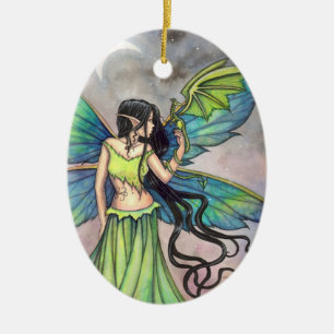 Ornement Ovale En Céramique Green Fairy and Dragon Imaginaire Art