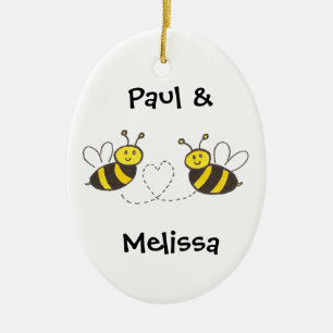 Ornement Ovale En Céramique Honey Bees with Heart