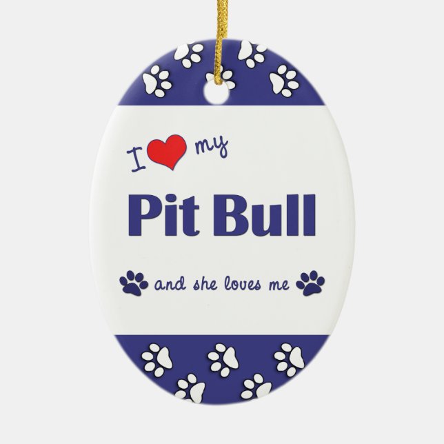 Ornement Ovale En Céramique J'aime mon pitbull (le chien femelle) (Devant)