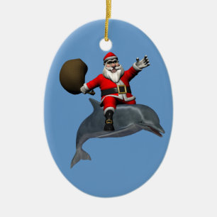 Ornement Ovale En Céramique Jolly Santa Claus À cheval Sur Dauphin