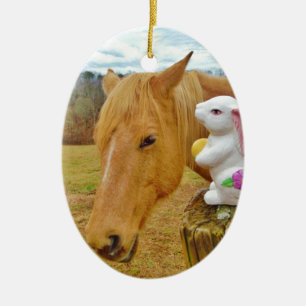 Ornement Ovale En Céramique Lapin blanc et cheval jaune blond