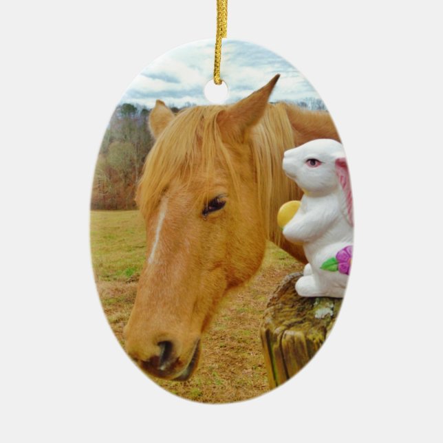 Ornement Ovale En Céramique Lapin blanc et cheval jaune blond (Devant)