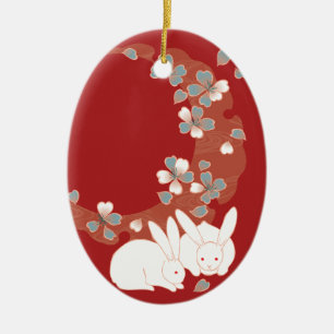 Ornement Ovale En Céramique Lapins blancs Art japonais