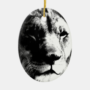 Ornement Ovale En Céramique Lion noir et blanc