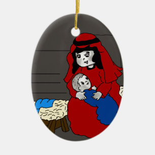Ornement Ovale En Céramique Marie et bébé Jésus en rouge