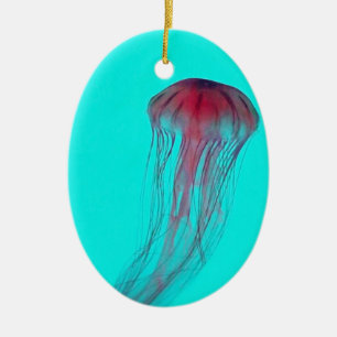 Ornement Ovale En Céramique Méduses roses de Fuschia sur le vert bleu d'Aqua