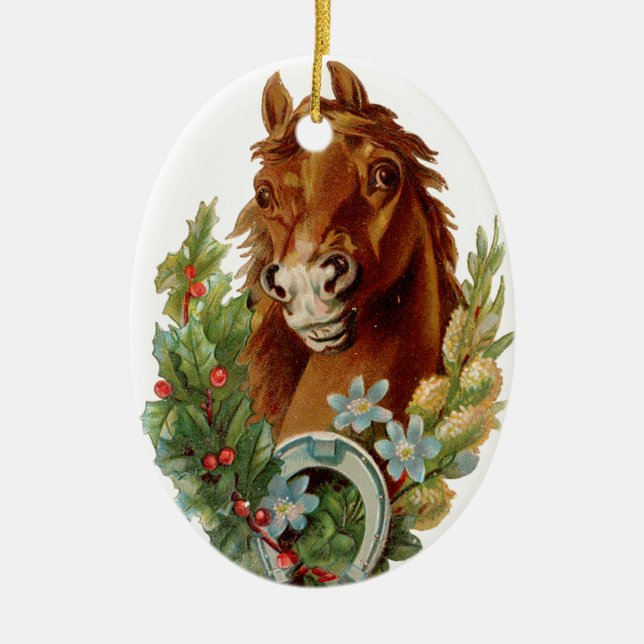 Ornement Ovale En Céramique Noël à l'ancienne, cheval (Devant)