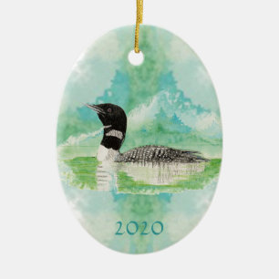 Ornement Ovale En Céramique Oiseau d'aquarelle monogramme personnalisé