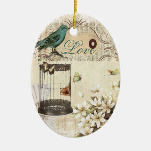 Ornement Ovale En Céramique oiseau français vintage moderne de cage à oiseau