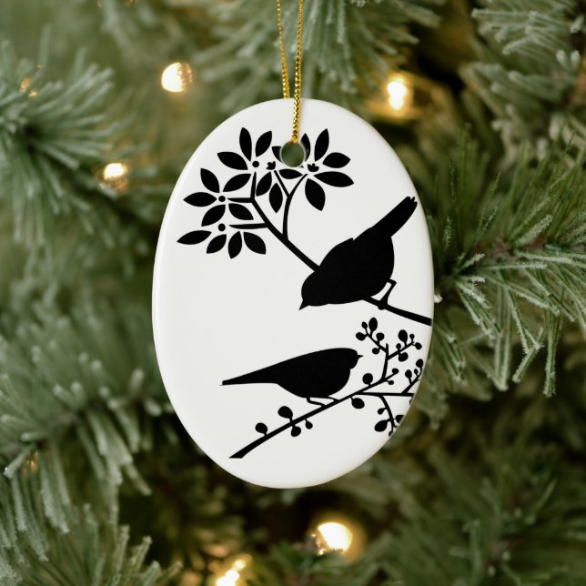 Ornement Ovale En Céramique Oiseaux noirs et blancs (Arbre)