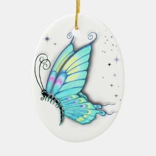 Ornement Ovale En Céramique Papillon bleu et étoiles