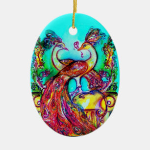Ornement Ovale En Céramique PEACOCKS IN LOVE /RED RUBY GEMSTONE, Bleu turquois