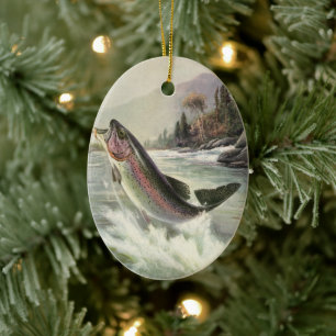 Ornement Ovale En Céramique Pêche vintage à la truite arc-en-ciel, Pêche des p