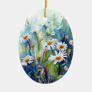 Ornement Ovale En Céramique Peinture d'aquarelle de champ de marguerite
