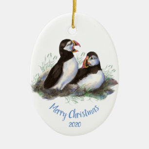 Ornement Ovale En Céramique Personnalisé Daté Puffin Ocean Bird