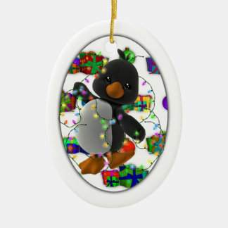 Ornement Ovale En Céramique Pingouin de cadeau de Noël