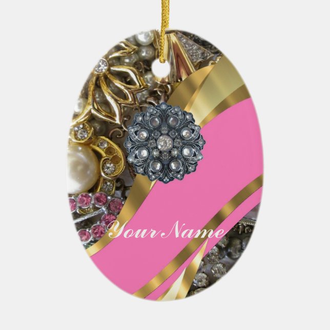 Ornement Ovale En Céramique Pink & gold bling (Devant)