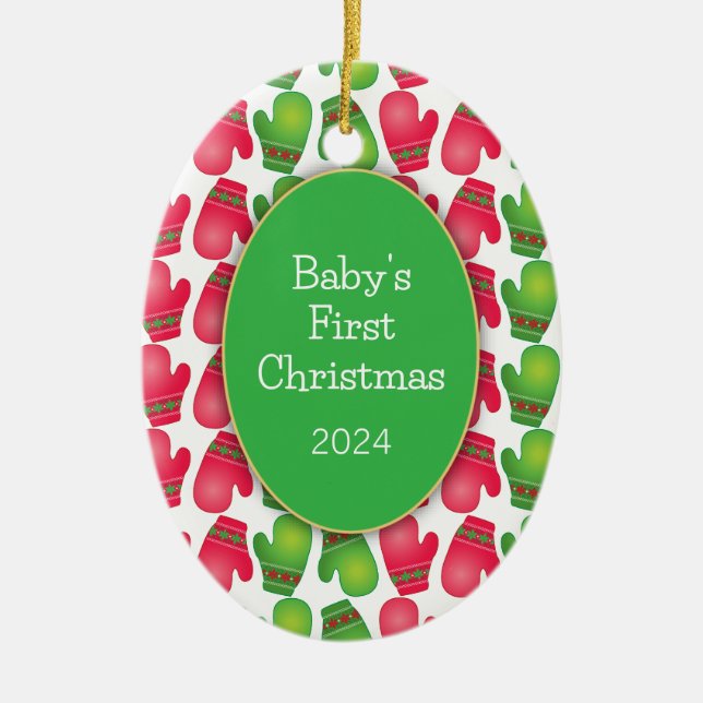 Ornement Ovale En Céramique Premier Noël de bébé, mignonne rouge et vert Mitte (Devant)